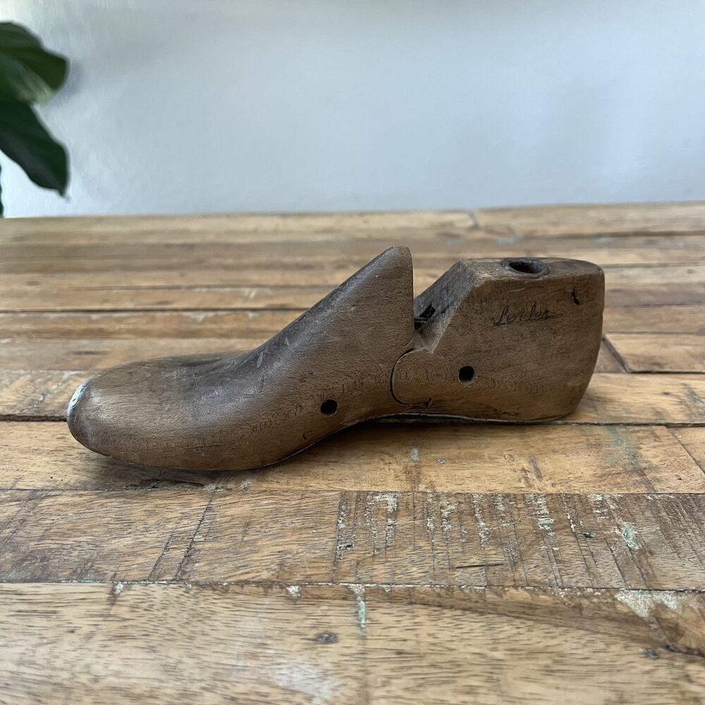 Wooden Cobbler's Shoe Last Hinged Design Markings 7" Long